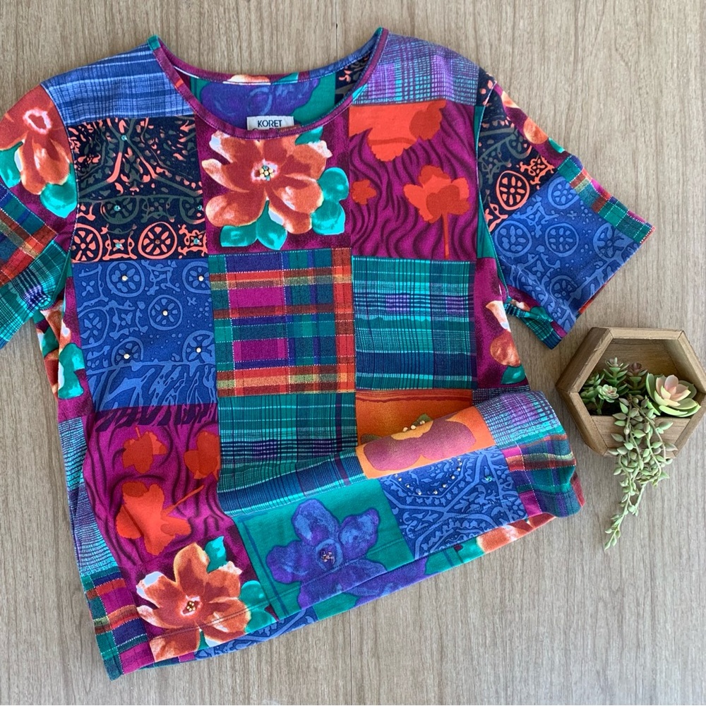 Vintage 80s 90s Tee by Koret, Boho Patchwork T Shirt Abstract Colorful Size Med